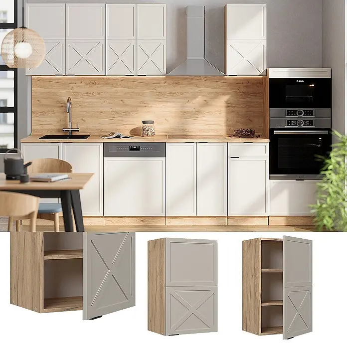 Vicco Schrankküche Fame-Line GrauBeige - GrauBeige, Hängeschrank 45 cm - Moderne Küchenschränke mit hellen Holzelementen und beigegraue Türen mit X-Muster, in einer Küche.