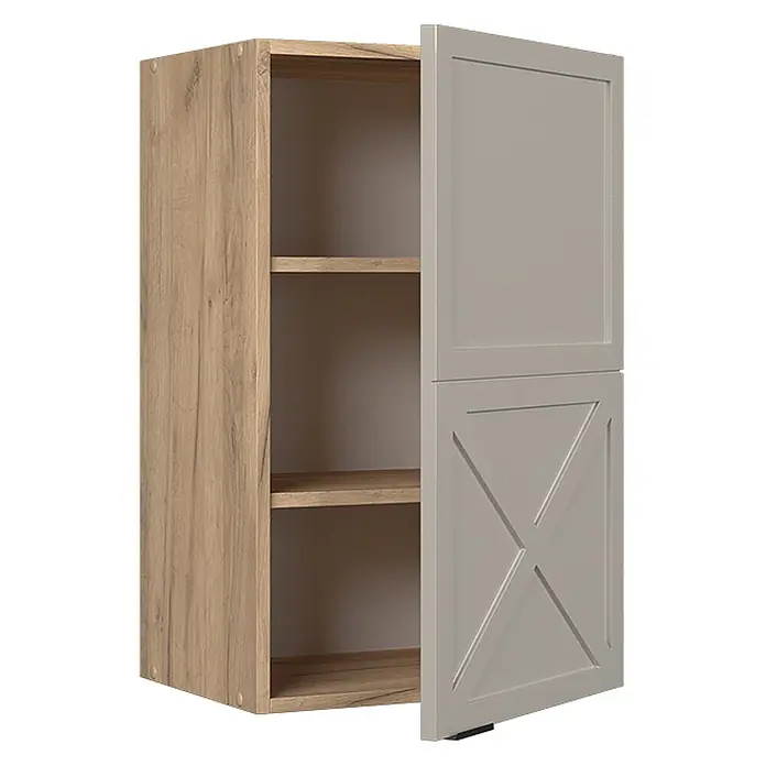 Vicco Schrankküche Fame-Line GrauBeige - GrauBeige, Hängeschrank 45 cm - Wandschrank in Holzoptik mit hellgrauen Türen, eine glatt, eine mit X-Muster, geöffnet mit Einlegeböden.