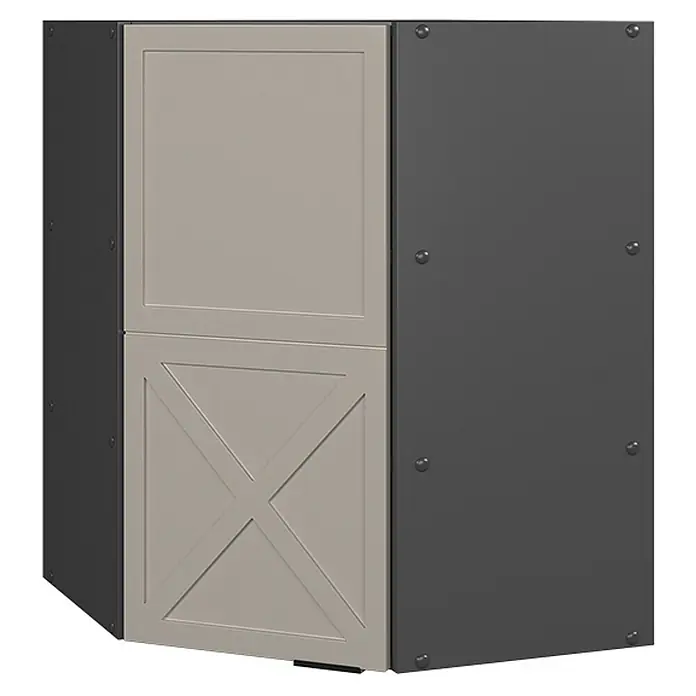 Vicco Schrankküche Fame-Line GrauBeige - GrauBeige, Eckhängeschrank 57 cm - Zweitüriger Eckschrank mit hellbeigen Türen, die untere mit X-Strebe, und dunkelgrauen Seiten.