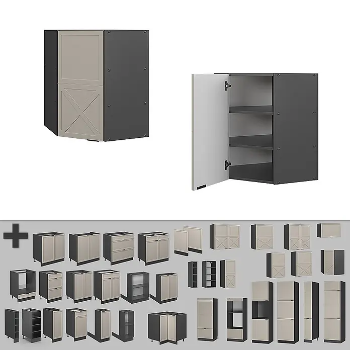 Vicco Schrankküche Fame-Line GrauBeige - GrauBeige, Eckhängeschrank 57 cm - Modulare Küchenschränke in Dunkelgrau mit hellbeigen Fronten, inklusive Unter-, Ober- und Hochschränken.
