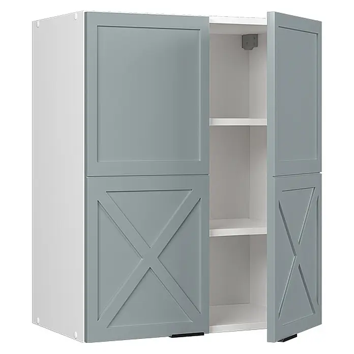 Vicco Schrankküche Fame-Line Hellblau-grau - Hellblau-grau, Hängeschrank 60 cm - Weißer Schrank mit grauen zweigeteilten Türen: oben glatt, unten X-Design. Eine Seite offen, Regale sichtbar.