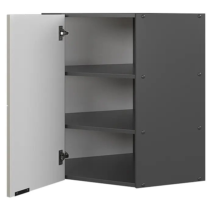 Vicco Schrankküche Fame-Line GrauBeige - GrauBeige, Eckhängeschrank 57 cm - Dunkelgrauer Schrank mit offener hellgrauer Tür und Innenablagen. Sichtbare Scharniere und seitliche Befestigungen.