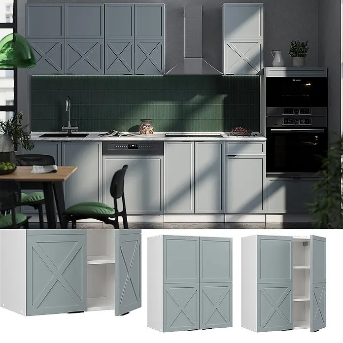 Vicco Schrankküche Fame-Line Hellblau-grau - Hellblau-grau, Hängeschrank 60 cm - Helle graue Küchenschränke mit diagonalem Kreuzdesign, in einer modernen Küche.