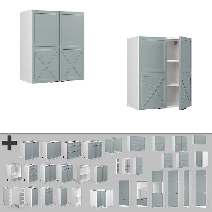Vicco Schrankküche Fame-Line Hellblau-grau - Hellblau-grau, Hängeschrank 60 cm - Modulares Küchenschranksystem mit grauem Doppelschrank, X-förmigen Türen, geschlossen und offen mit Regalböden, sowie weiteren Modulen.