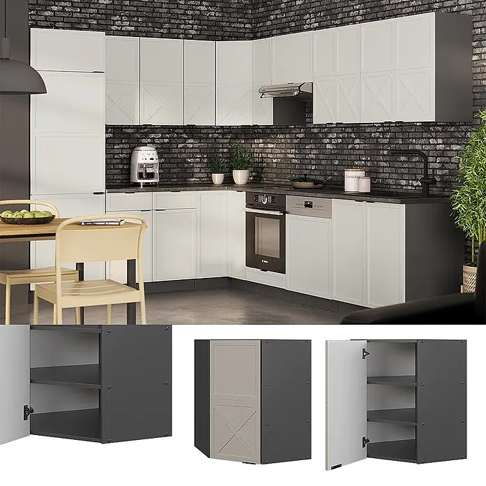 Vicco Schrankküche Fame-Line GrauBeige - GrauBeige, Eckhängeschrank 57 cm - Moderne Küche mit hellen Schränken, dunklen Akzenten und dekorativen Kreuztüren, die funktionellen Stauraum zeigen.