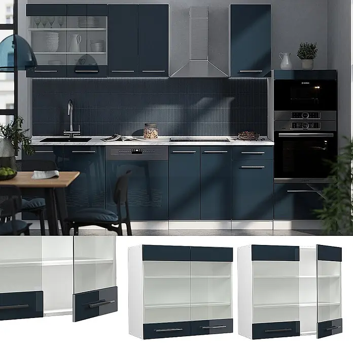 Vicco Schrankküche Fame-Line Dunkelblau Hochglanz - Dunkelblau Hochglanz, Hängeglasschrank 80 cm - Moderne Küche mit hochglänzenden, dunkelblauen Schränken, Vitrinen und integrierten Geräten.