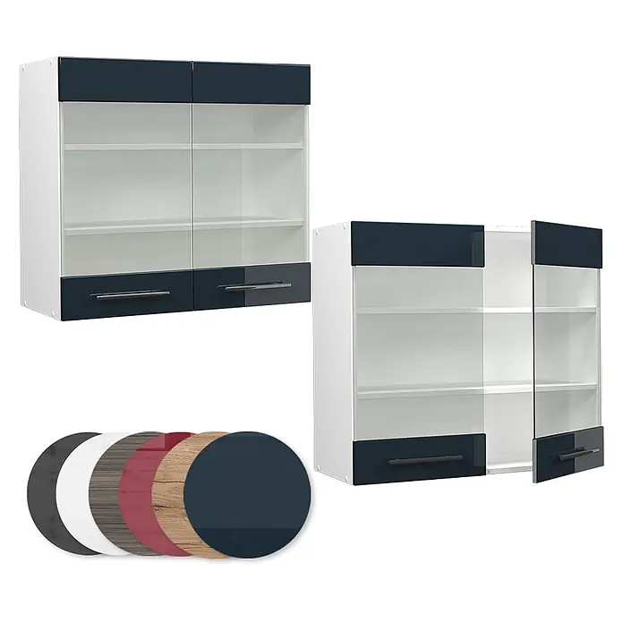 Vicco Schrankküche Fame-Line Dunkelblau Hochglanz - Dunkelblau Hochglanz, Hängeglasschrank 80 cm - Weißer Hängeschrank mit zwei Glastüren und dunkelblauen Akzenten, geschlossen und offen. Diverse Farbmuster sind ebenfalls zu sehen.
