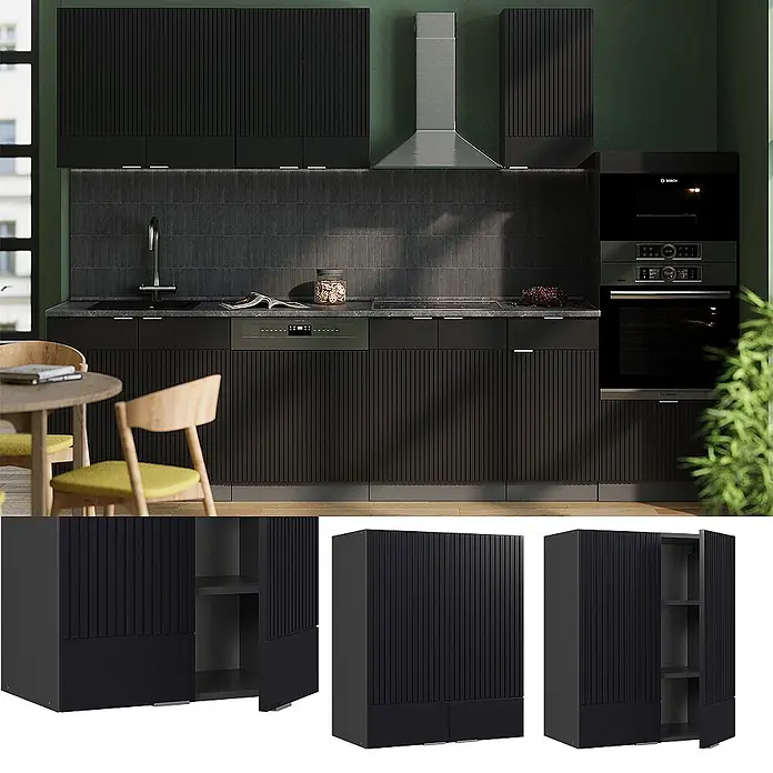 Vicco Schrankküche Fame-Line Schwarz gestreift - Schwarz gestreift, Hängeschrank 60 cm - Moderne Küche mit schwarzen geriffelten Unter- und Oberschränken, integrierten Geräten und dunklen Arbeitsplatten.