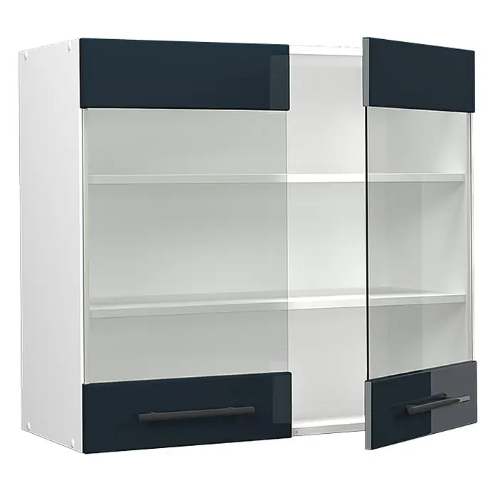 Vicco Schrankküche Fame-Line Dunkelblau Hochglanz - Dunkelblau Hochglanz, Hängeglasschrank 80 cm - Wandschrank mit dunkelblauen Akzenten, Glastüren und weißen Regalböden, eine Tür geöffnet.