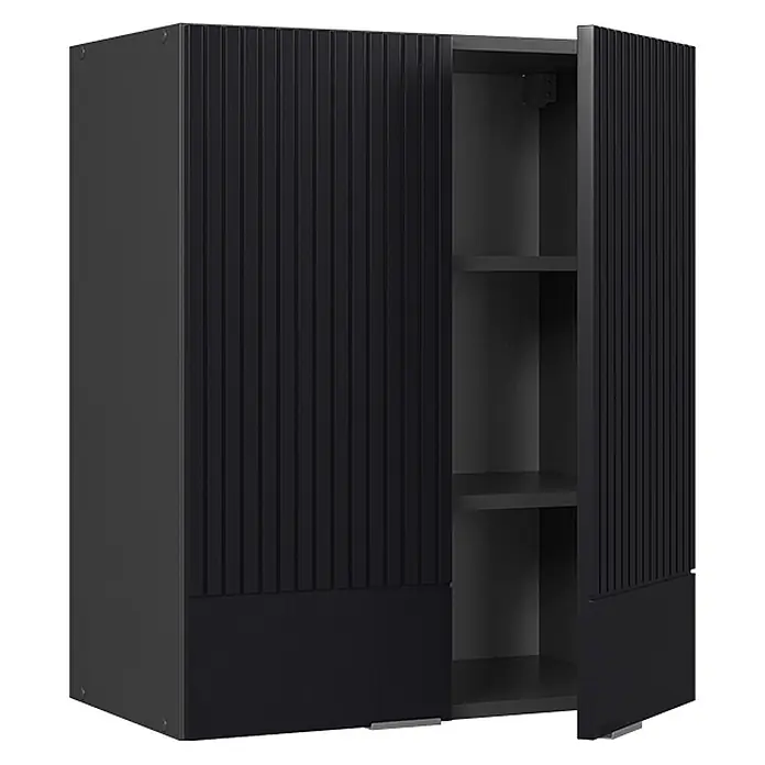 Vicco Hängeschrank Fame-Line, Schwarz gestreift, 60 cm -  - Schwarzer Hängeschrank mit geriffelten Türen, eine Tür geöffnet, um zwei Innenböden und schlanke rechteckige Füße zu zeigen.