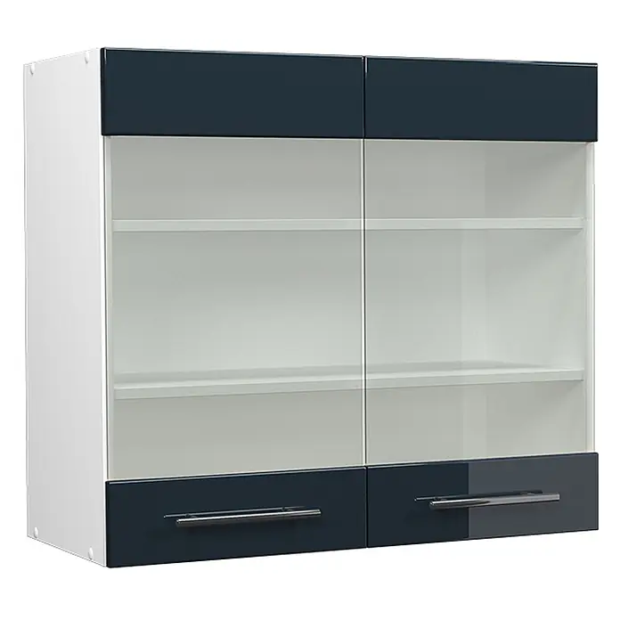 Vicco Schrankküche Fame-Line Dunkelblau Hochglanz - Dunkelblau Hochglanz, Hängeglasschrank 80 cm - Zweiteiliger Hängeschrank: oben zwei Glastüren, unten zwei dunkelblaue Schubladen mit silbernen Griffen, weiße Seiten.