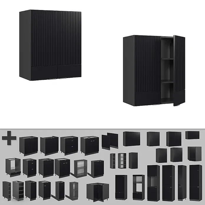Vicco Hängeschrank Fame-Line, Schwarz gestreift, 60 cm -  - Set schwarzer Küchenschränke mit vertikal geriffelten Türen, Wand-, Unter- und Hochschränke.