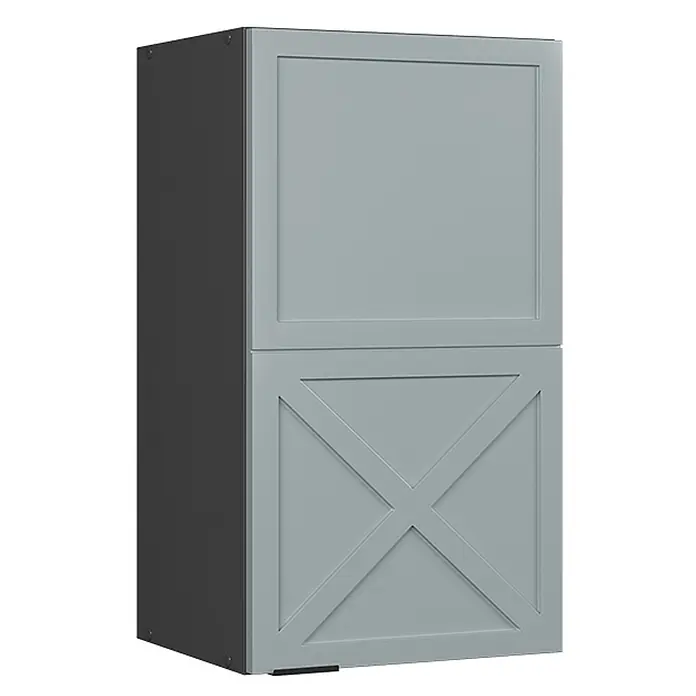 Vicco Schrankküche Fame-Line Hellblau-grau - Hellblau-grau, Hängeschrank 40 cm - Hellgrauer zweitüriger Schrank: obere Tür schlicht, untere mit "X"-Design. Dunkelgraue Seitenwand.