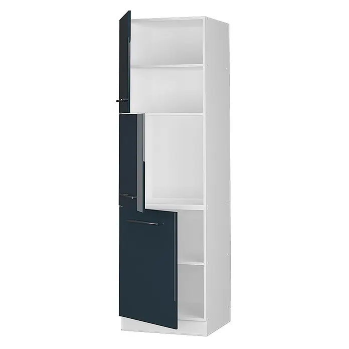 Vicco Schrankküche Fame-Line Dunkelblau Hochglanz - Breite: 60 cm, Dunkelblau Hochglanz, Vorratsschrank 60 cm Hoch - Hoher weißer Schrank mit drei dunkelblauen Türen, zwei offen, mit weißen Regalen.