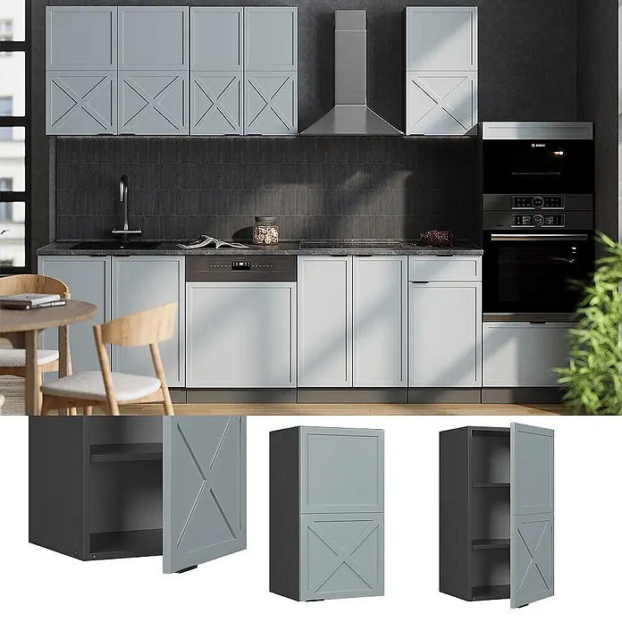 Vicco Schrankküche Fame-Line Hellblau-grau - Hellblau-grau, Hängeschrank 40 cm - Hellgraue Küchenschränke mit X-Muster Türen, in einer modernen Küche installiert und als Einzelteile gezeigt.