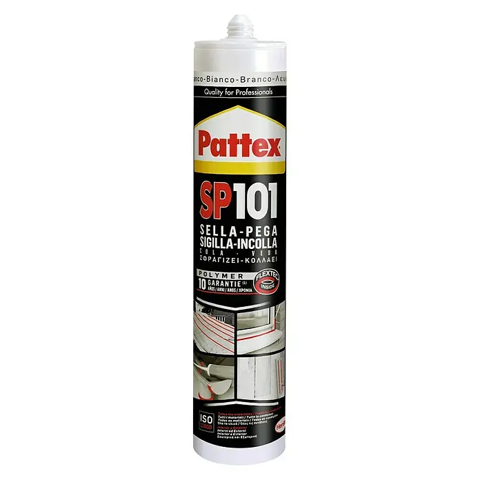 Pattex Sellador SP 101 - Marrón, 300 ml - Imagen del producto Pattex SP101, un sellador de polímero para uso profesional, que muestra su idoneidad para diversos materiales.