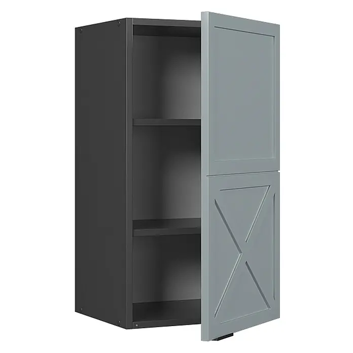 Vicco Schrankküche Fame-Line Hellblau-grau - Hellblau-grau, Hängeschrank 40 cm - Dunkelgrauer Wandschrank mit hellgrauer Tür (X-Muster), offen, zeigt zwei Einlegeböden.