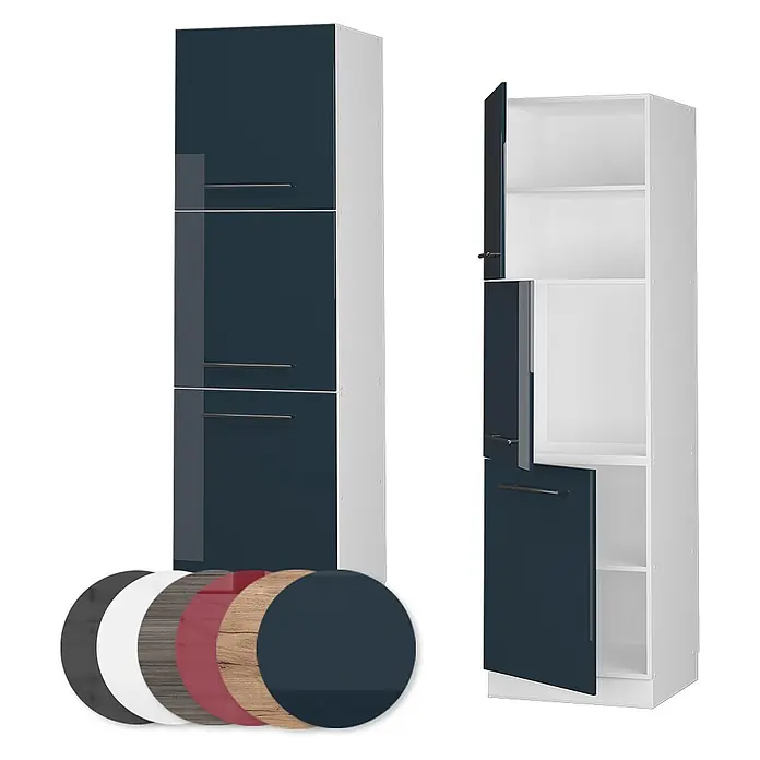 Vicco Schrankküche Fame-Line Dunkelblau Hochglanz - Breite: 60 cm, Dunkelblau Hochglanz, Vorratsschrank 60 cm Hoch - Hoher Hochschrank mit dunkelblauen Türen und weißem Korpus, geschlossen und offen mit Einlegeböden gezeigt. Farbmuster inklusive.