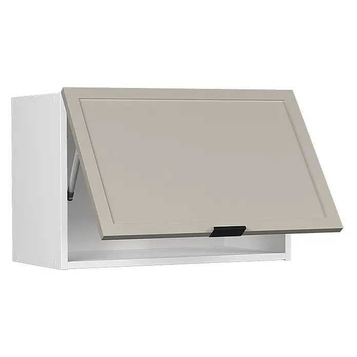 Vicco Schrankküche Fame-Line GrauBeige Flach - GrauBeige, Hängeschrank 60 cm (flach) - Weißer Wandschrank mit offener beiger Rahmentür, Gasdruckfeder und schwarzem Griff.