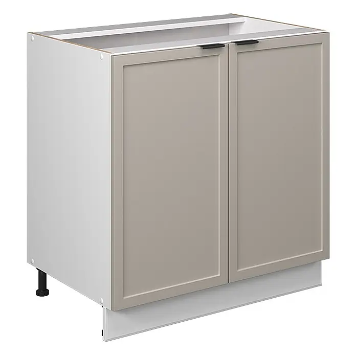Vicco Schrankküche Fame-Line GrauBeige mit Regal, ohne Arbeitsplatte - GrauBeige, Unterschrank 80 cm - Weißer Küchenunterschrank mit zwei beigefarbenen Türen im Shaker-Stil, schwarzen Griffen und weißer Sockelleiste.