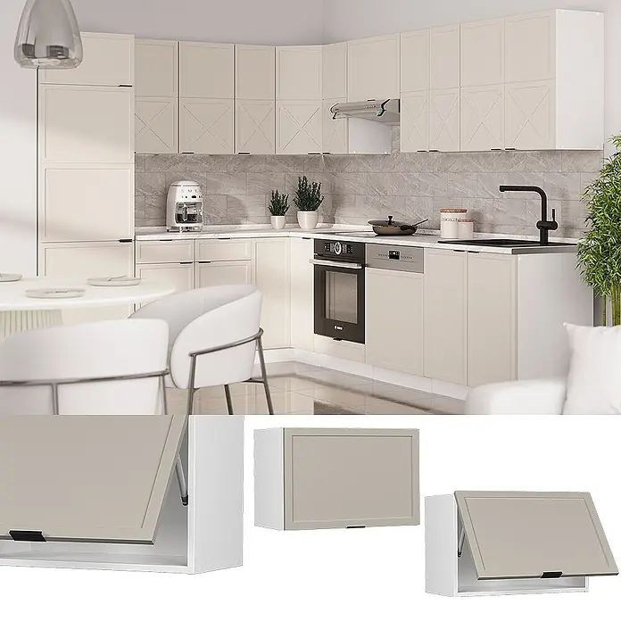 Vicco Schrankküche Fame-Line GrauBeige Flach - GrauBeige, Hängeschrank 60 cm (flach) - Moderne cremefarbene Küchenschränke, teils mit Kreuzmuster. Wandhängeschrank in Taupe mit hochklappbarer Tür im Detail.