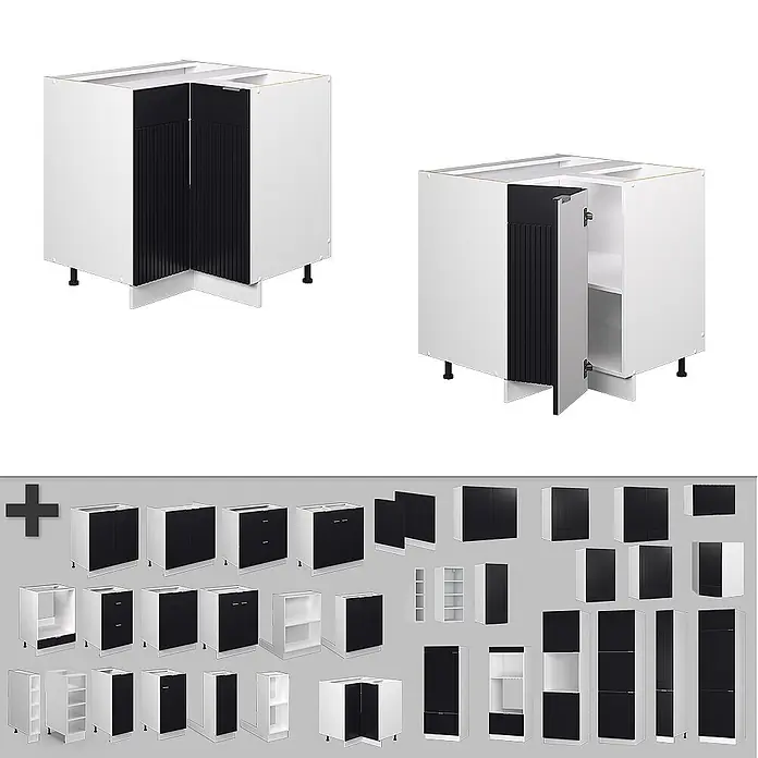 Vicco Eckunterschrank Fame-Line, Schwarz gestreift, 80.5 cm -  - Weiße modulare Küchenschränke mit schwarzen gerippten Türen/Fronten in verschiedenen Konfigurationen.