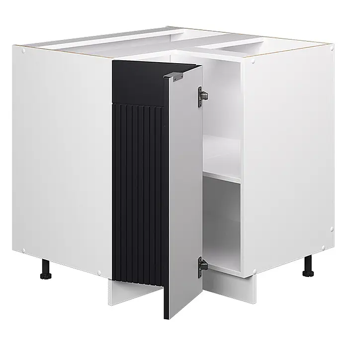 Vicco Eckunterschrank Fame-Line, Schwarz gestreift, 80.5 cm -  - Weißer Kücheneckunterschrank mit offener Tür, einem Regal, schwarzem geriffelten Akzentpaneel und verstellbaren Füßen.