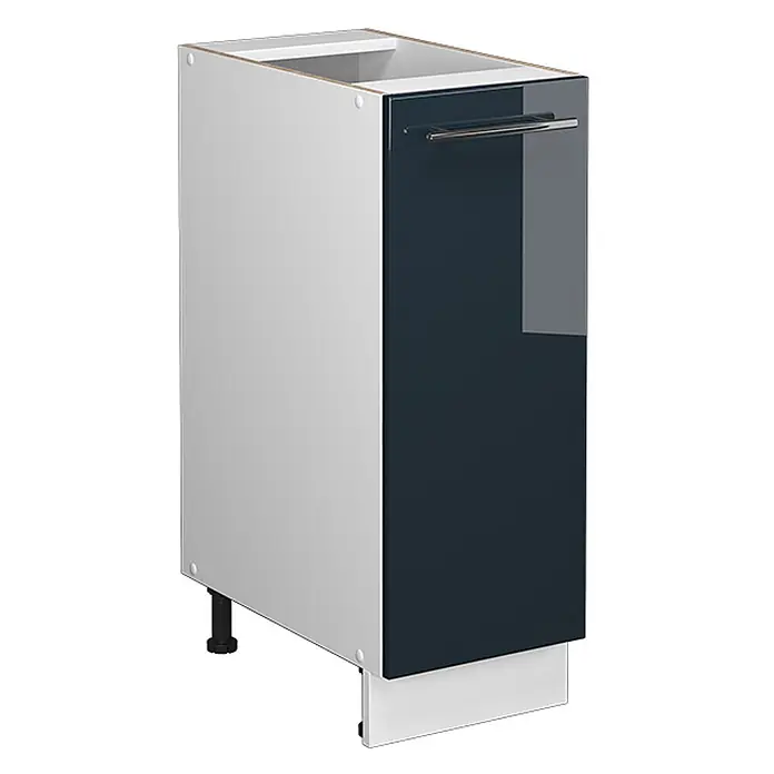 Vicco Schrankküche Fame-Line Dunkelblau Hochglanz ohne Arbeitsplatte - Dunkelblau Hochglanz, Apothekerunterschrank 30 cm - Weißer Küchenunterschrank mit glänzender dunkelblauer Tür und Chromgriff. Mit verstellbaren Füßen und Sockelblende.