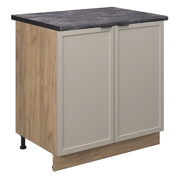 Vicco Schrankküche Fame-Line GrauBeige mit Regal, AP Anthrazit - GrauBeige, Unterschrank 80 cm, AP Anthrazit - Zweitüriger Küchenunterschrank mit dunkelgrauer Arbeitsplatte, Holz-Seitenwand und hellgrauen Shaker-Türen.