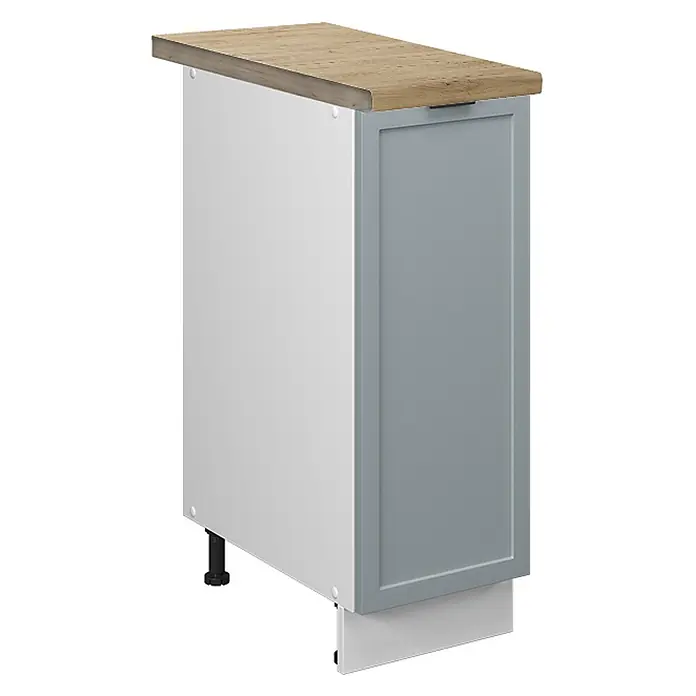 Vicco Schrankküche Fame-Line Hellblau-grau, AP Eiche - Hellblau-grau, Apothekerunterschrank 30 cm, AP Eiche - Schmaler Küchenunterschrank mit heller Holzplatte, weißer Seitenwand und grauer Shaker-Tür.