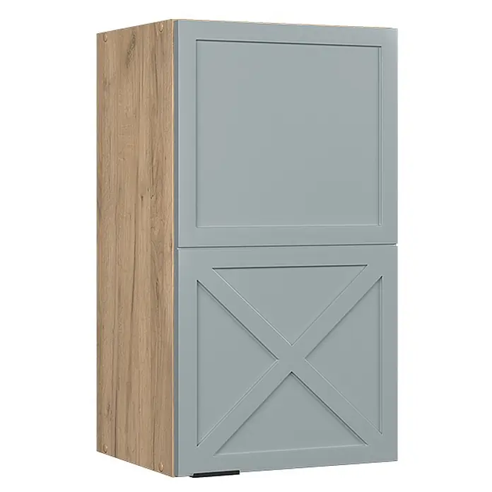 Vicco Schrankküche Fame-Line Hellblau-grau - Hellblau-grau, Hängeschrank 40 cm - Zweitüriger grauer Schrank mit Holzoptik-Seitenwand. Die untere Tür hat eine dekorative X-förmige Auflage.