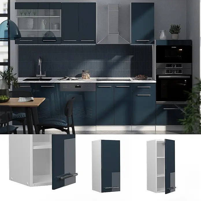 Vicco Schrankküche Fame-Line Dunkelblau Hochglanz - Dunkelblau Hochglanz, Hängeschrank 30 cm - Dunkelblaue Hochglanzküche mit integrierten Geräten. Inklusive Wand- und Unterschränken, teils mit Glasfronten.