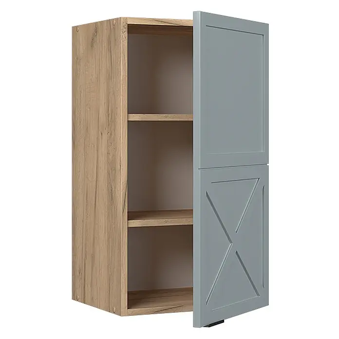 Vicco Schrankküche Fame-Line Hellblau-grau - Hellblau-grau, Hängeschrank 40 cm - Hängeschrank in heller Holzoptik mit teilweise offener grauer Tür mit X-Muster und Innenregalen.