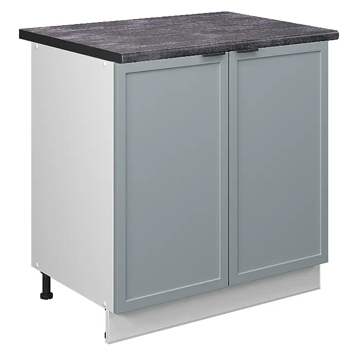 Vicco Schrankküche Fame-Line Hellblau-grau mit Regal, AP Anthrazit - Hellblau-grau, Unterschrank 80 cm, AP Anthrazit - Weißer Küchenunterschrank mit zwei graublauen Shaker-Türen und dunkler gesprenkelter Arbeitsplatte.