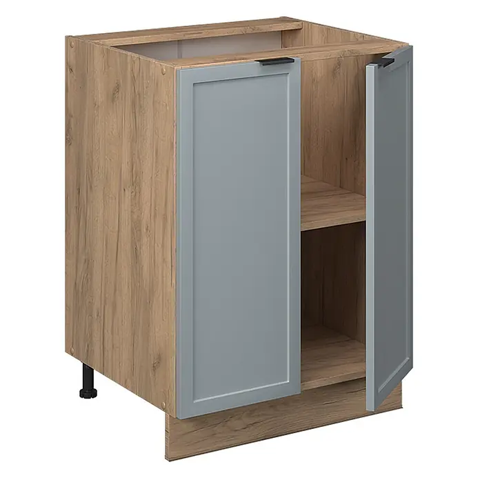 Vicco Schrankküche Fame-Line Hellblau-grau, AP Eiche - Hellblau-grau, Unterschrank 60 cm, AP Eiche - Unterschrank in heller Holzoptik mit zwei grauen Türen, schwarzen Griffen und verstellbaren Füßen. Eine Tür ist offen und zeigt ein Innenregal.