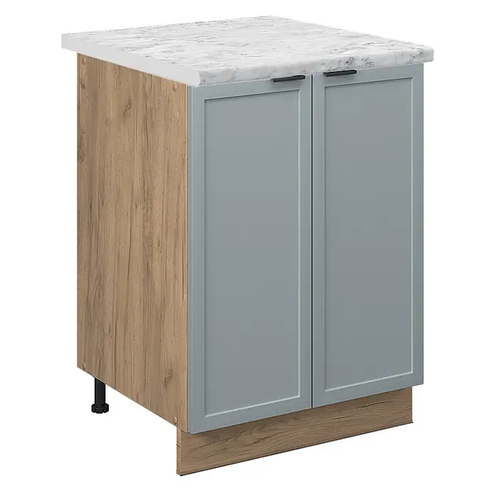 Vicco Schrankküche Fame-Line Hellblau-grau, AP Marmor - Hellblau-grau, Unterschrank 60 cm, AP Marmor - Grauer zweitüriger Unterschrank mit Holzoptik-Seitenwand, Sockel und weißer Marmoroptik-Arbeitsplatte.