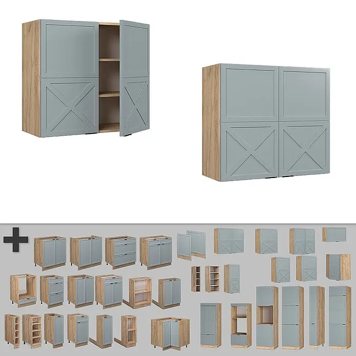 Vicco Schrankküche Fame-Line Hellblau-grau - Hellblau-grau, Hängeschrank 80 cm - Modulare Küchenschränke mit hellgrauen Türen im X-Muster und hellem Holzdekor, in verschiedenen Konfigurationen.