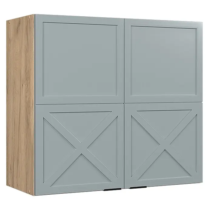 Vicco Schrankküche Fame-Line Hellblau-grau - Hellblau-grau, Hängeschrank 80 cm - Hellgrauer Hochschrank mit zwei schlichten oberen Türen und zwei Türen mit X-Strebe, mit Holzoptik-Seitenwand.