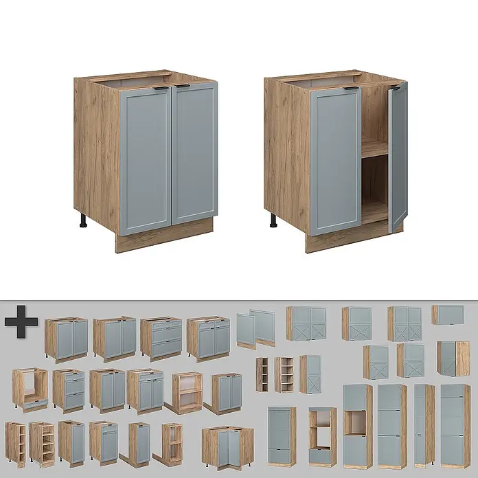 Vicco Schrankküche Fame-Line Hellblau-grau, AP Eiche - Hellblau-grau, Unterschrank 60 cm, AP Eiche - Modulare Küchenschränke mit Holzoptik-Korpus und grauen Türen, in verschiedenen Konfigurationen dargestellt.