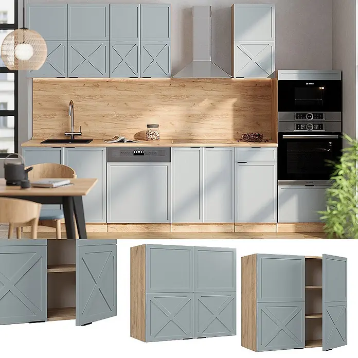 Vicco Schrankküche Fame-Line Hellblau-grau - Hellblau-grau, Hängeschrank 80 cm - Moderne hellblaue Küchenschränke mit X-Paneel-Türen, Holzarbeitsplatte und integrierten Geräten.