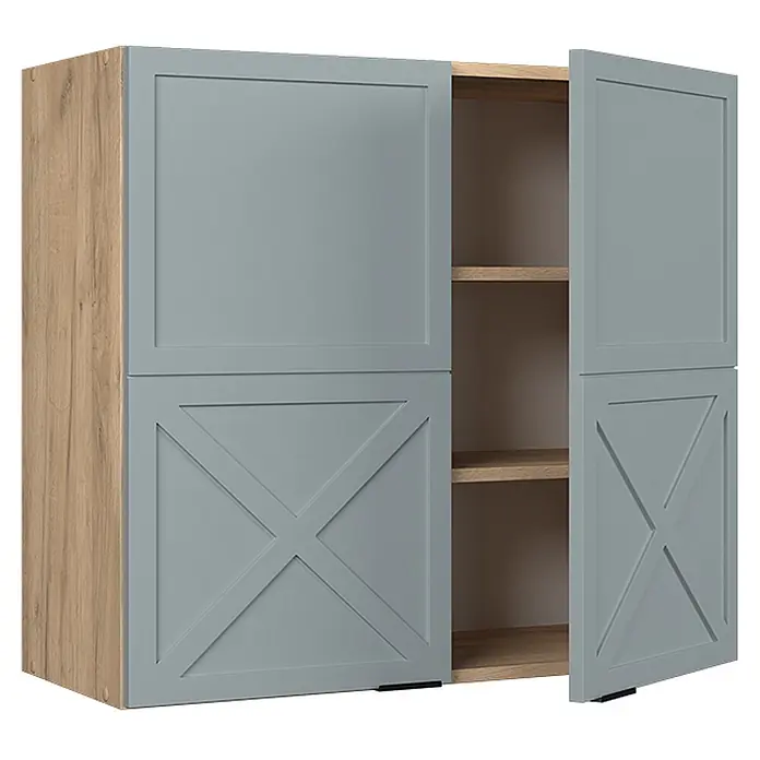 Vicco Schrankküche Fame-Line Hellblau-grau - Hellblau-grau, Hängeschrank 80 cm - Grauer zweitüriger Schrank mit Scheunentor-Stil-Paneelen, Holzoptikrahmen und offenen Türen, die Regale zeigen.