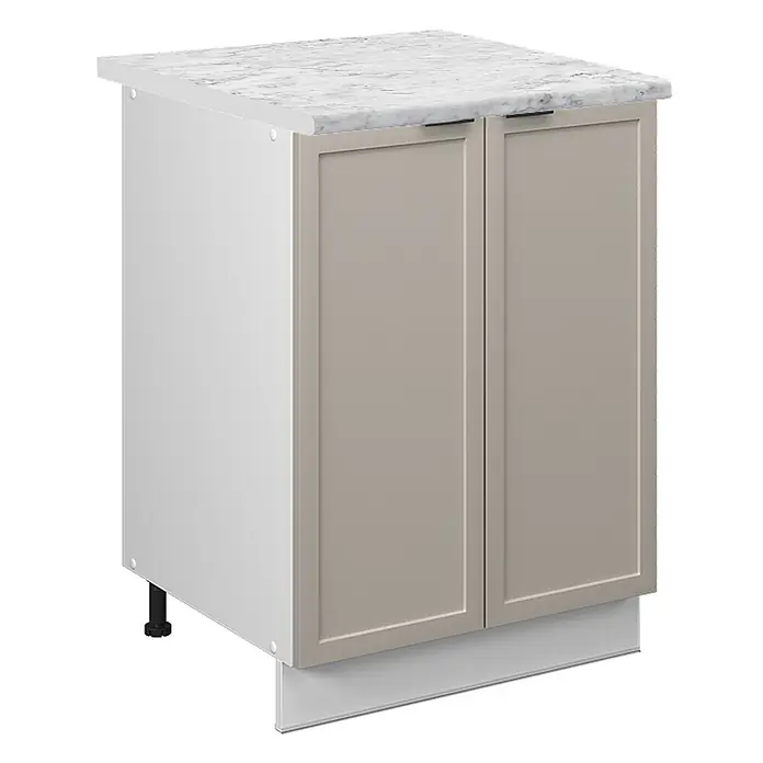 Vicco Schrankküche Fame-Line GrauBeige, AP Marmor - GrauBeige, Unterschrank 60 cm, AP Marmor - Weißer Küchenunterschrank mit zwei beigefarbenen Shaker-Türen, Arbeitsplatte mit Marmoroptik und schwarzen Griffen.