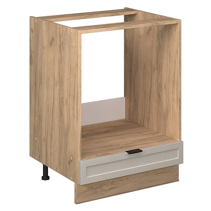 Vicco Schrankküche Fame-Line GrauBeige ohne Arbeitsplatte - GrauBeige, Herdumbauschrank 60 cm - Unterschrank für Einbaugerät in heller Holzoptik, mit hellgrauer Schublade und schwarzem Griff, auf verstellbaren Füßen.