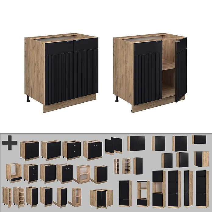 Vicco Schrankküche Fame-Line Schwarz gestreift mit Regal, AP Anthrazit - Schwarz gestreift, Unterschrank 80 cm, AP Anthrazit - Modulare Küchenschränke mit Holzdekor-Korpus und schwarzen geriffelten Türen oder Schubladen, in verschiedenen Konfigurationen erhältlich.