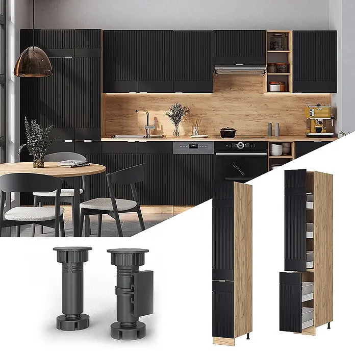Vicco Apothekerschrank Fame-Line, Schwarz gestreift, 30 cm -  - Moderne schwarze gerillte Küchenschränke mit Holzelementen, zeigen verstellbare Füße und hohe Auszugsschränke.