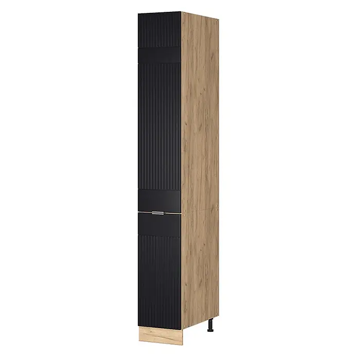 Vicco Apothekerschrank Fame-Line, Schwarz gestreift, 30 cm -  - Hoher Schrank mit schwarzer geriffelter Tür und heller Holzoptik-Seitenwand, mit silbernem Griff.