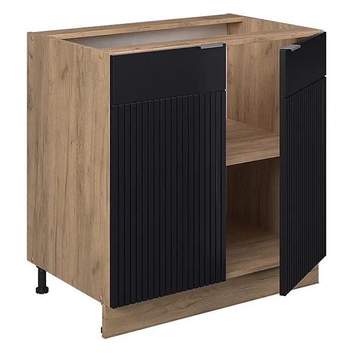 Vicco Schrankküche Fame-Line Schwarz gestreift mit Regal, AP Anthrazit - Schwarz gestreift, Unterschrank 80 cm, AP Anthrazit - Küchenunterschrank in Eichenoptik mit schwarzen geriffelten Türen, teilweise geöffnet, zeigt ein Regal.