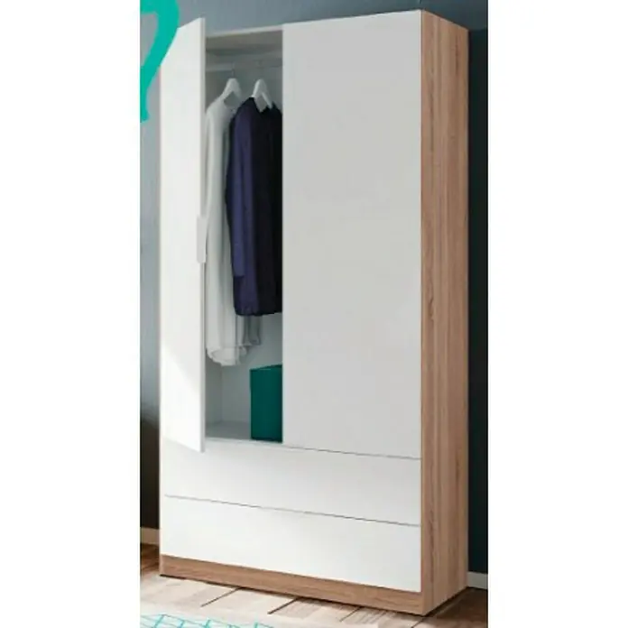 Armario para ropa LCX222 - L x An x Al: 52 x 81 x 180 cm, Blanco/Roble - Un armario de dos puertas con frentes blancos y un aspecto de madera en los lados. El armario tiene dos cajones en la parte inferior.