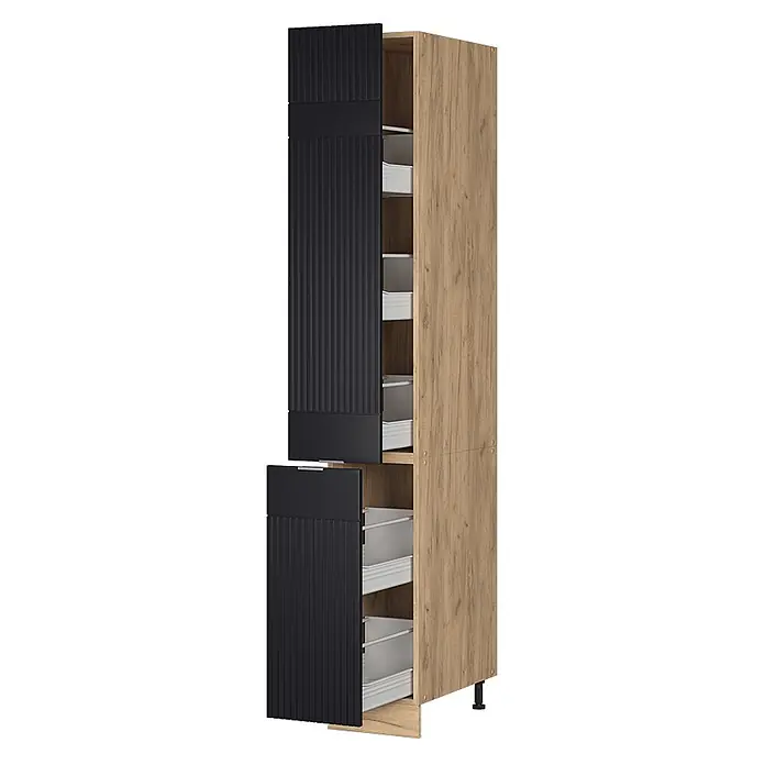 Vicco Apothekerschrank Fame-Line, Schwarz gestreift, 30 cm -  - Hoher Küchenschrank mit schwarzen gerippten Türen und heller Holzoptik-Seite. Offene Türen zeigen ausziehbare Körbe.