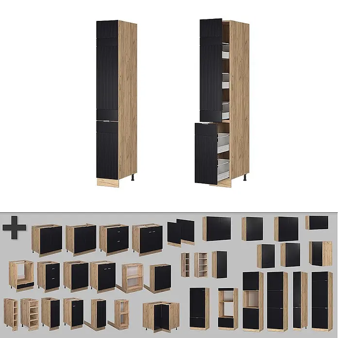 Vicco Apothekerschrank Fame-Line, Schwarz gestreift, 30 cm -  - Modulare Küchenschränke mit schwarzen Fronten und hellem Holzdekor, inkl. hohem Vorratsschrank mit Auszügen und verschiedenen Elementen.